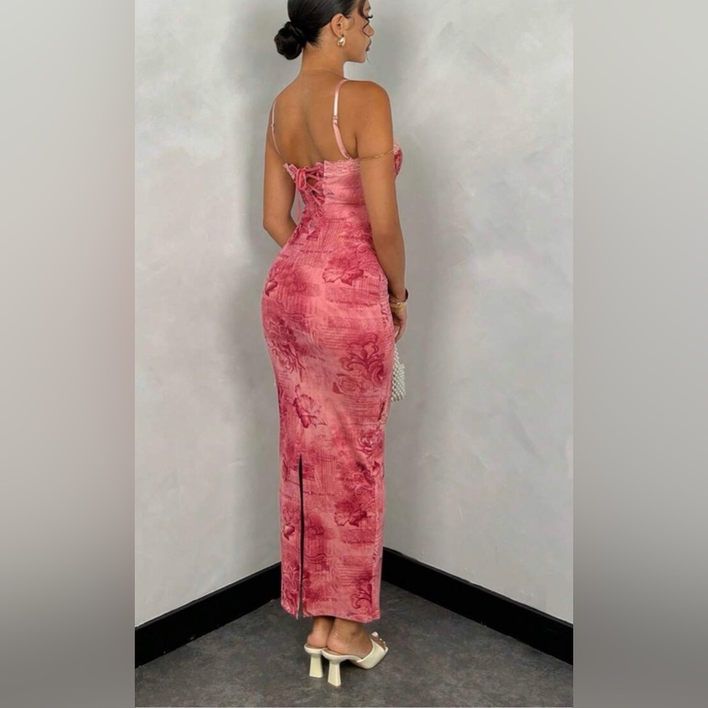 SHEIN Pink Floral Lace Trim Corset‑Style Mesh Maxi Dress — Size S - Picture 3 of 16